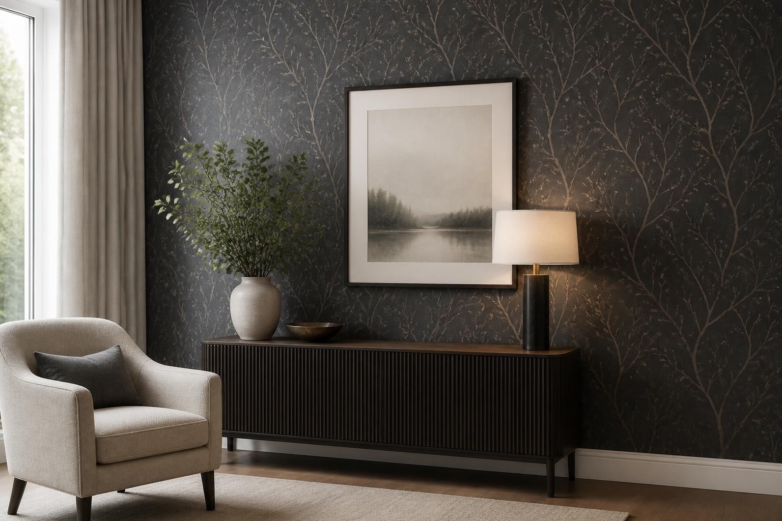Modern interior with a striking wallpaper accent wall.
