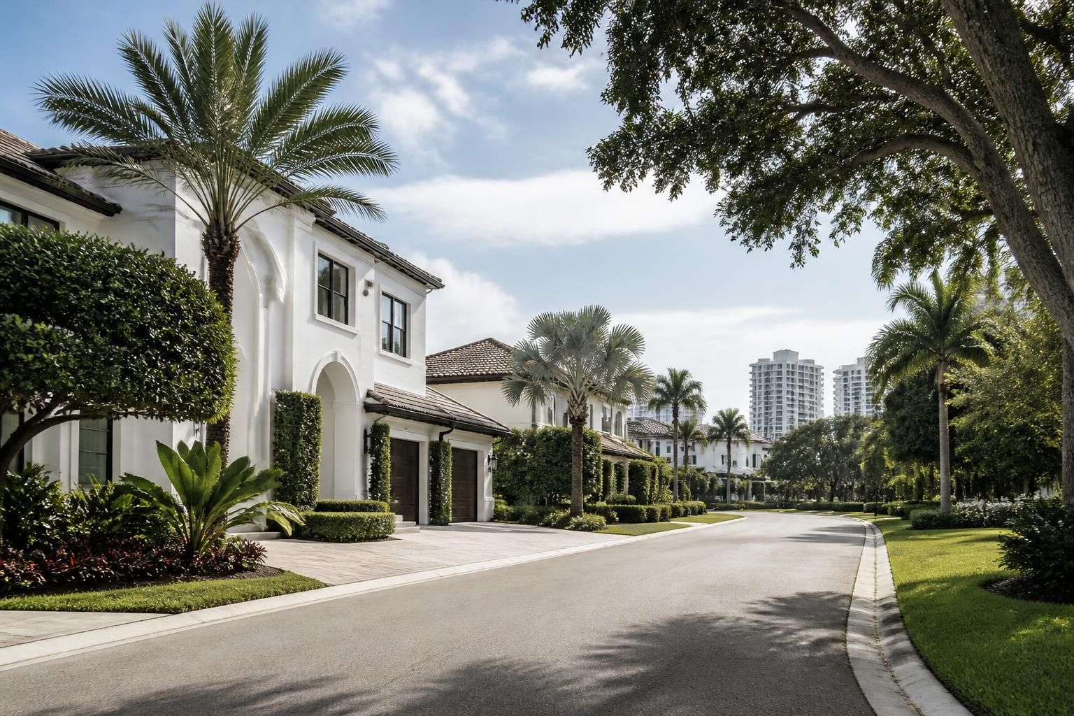 Upscale neighborhood street with elegant homes and manicured landscaping.
