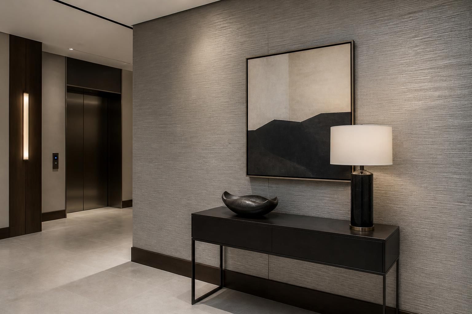 Modern commercial interior with professionally installed wallcovering.