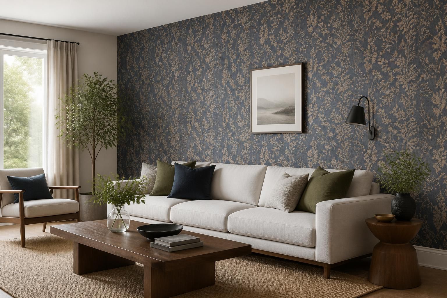 Elegant living room with a designer wallpaper feature wall and natural light.