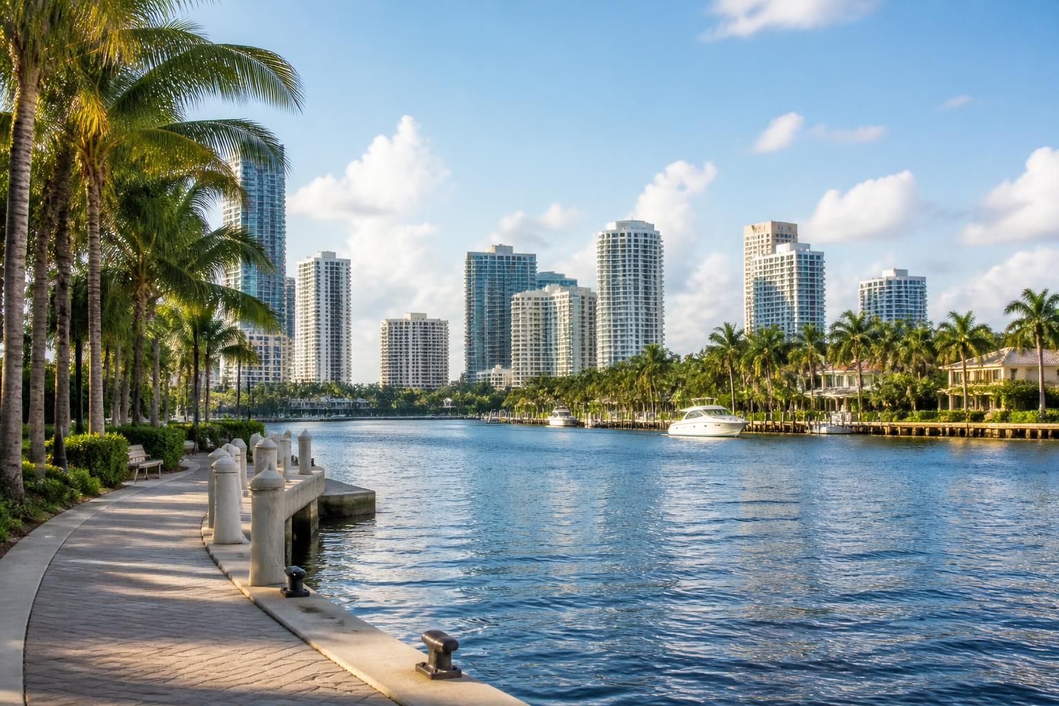 Waterfront cityscape with palm trees and modern coastal buildings.