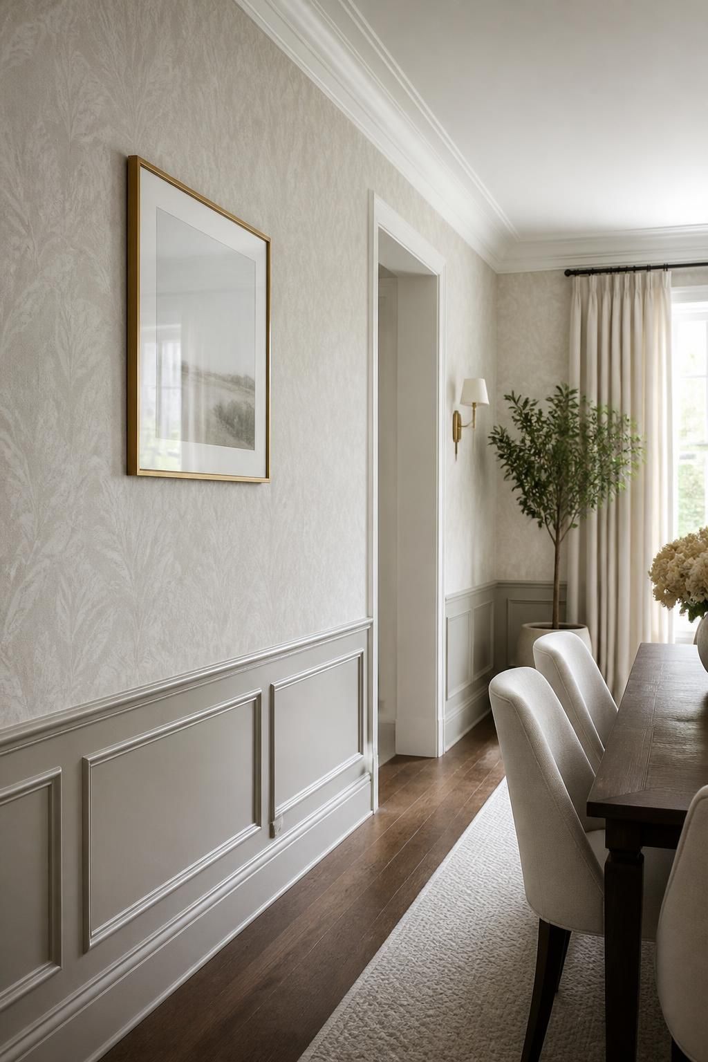 Freshly wallpapered hallway interior with clean seams and soft natural light.