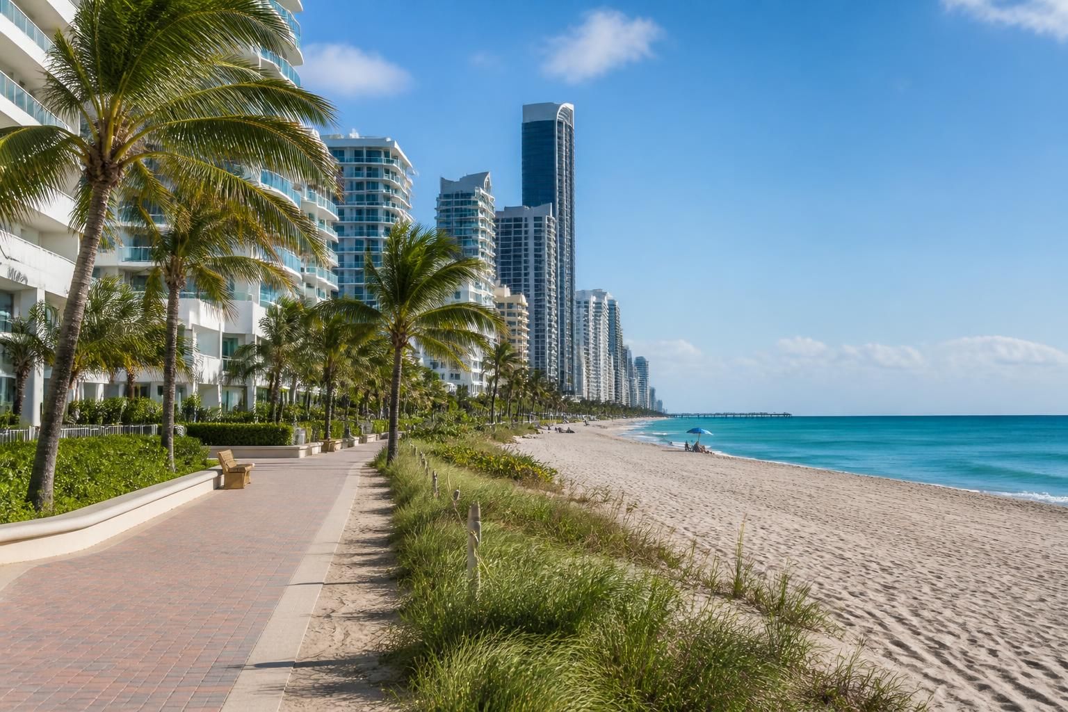 Coastal urban scene with modern buildings and palm trees.