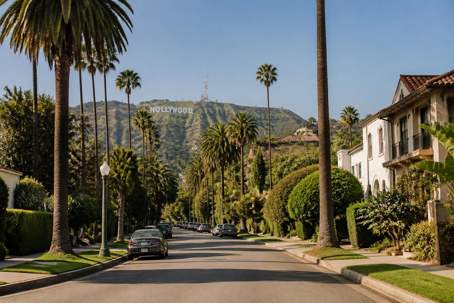 Palm-lined city neighborhood with attractive homes and sunlight.