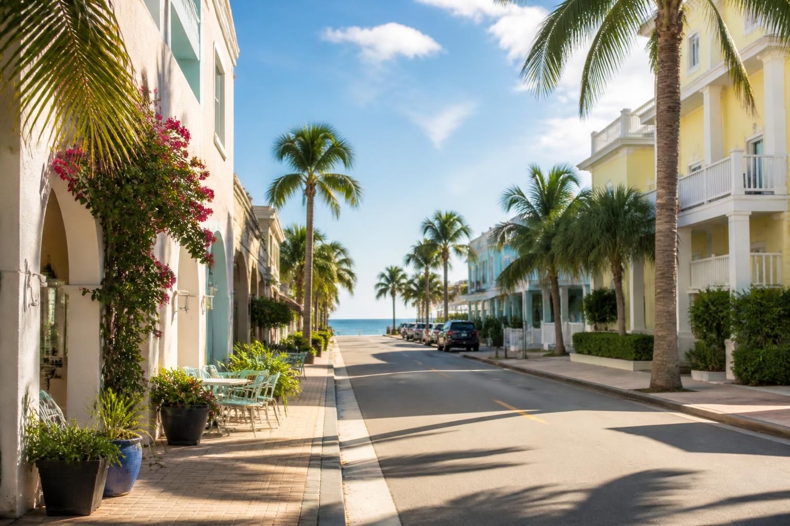 Coastal street with pastel buildings and palm trees near the beach.