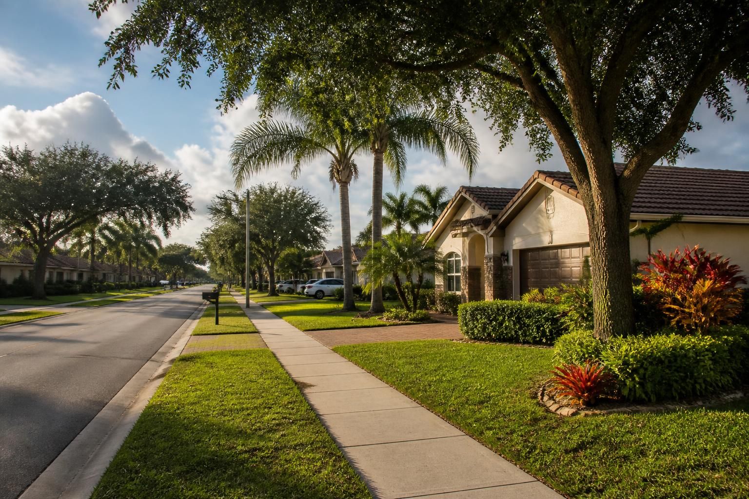 Tidy residential avenue with greenery and warm afternoon light.