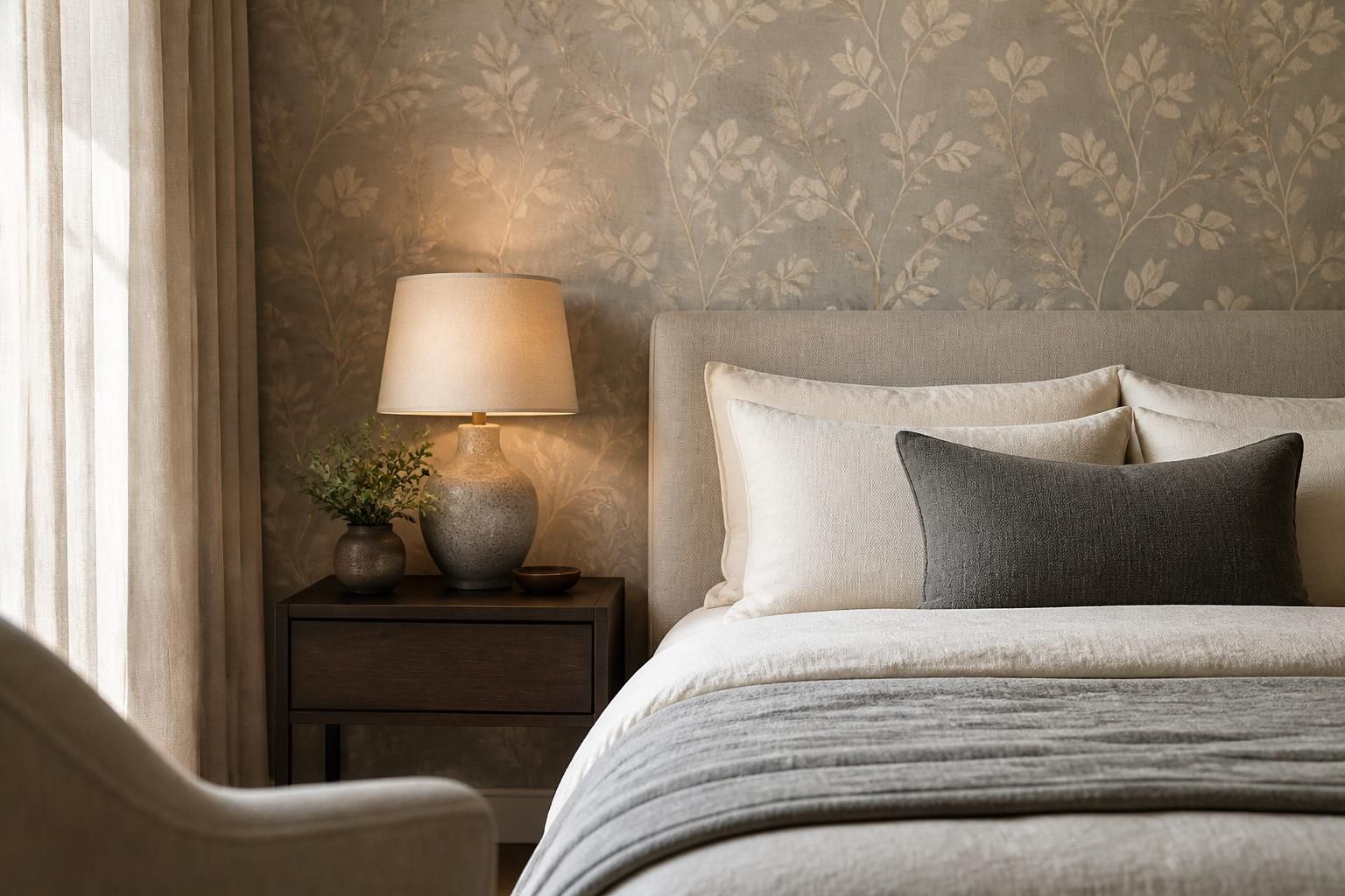 Stylish residential room with beautifully hung wallpaper.