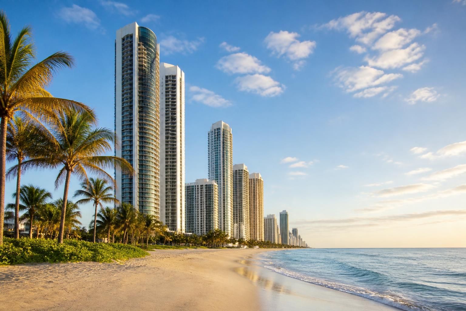 Beachfront skyline with modern towers and palm trees.