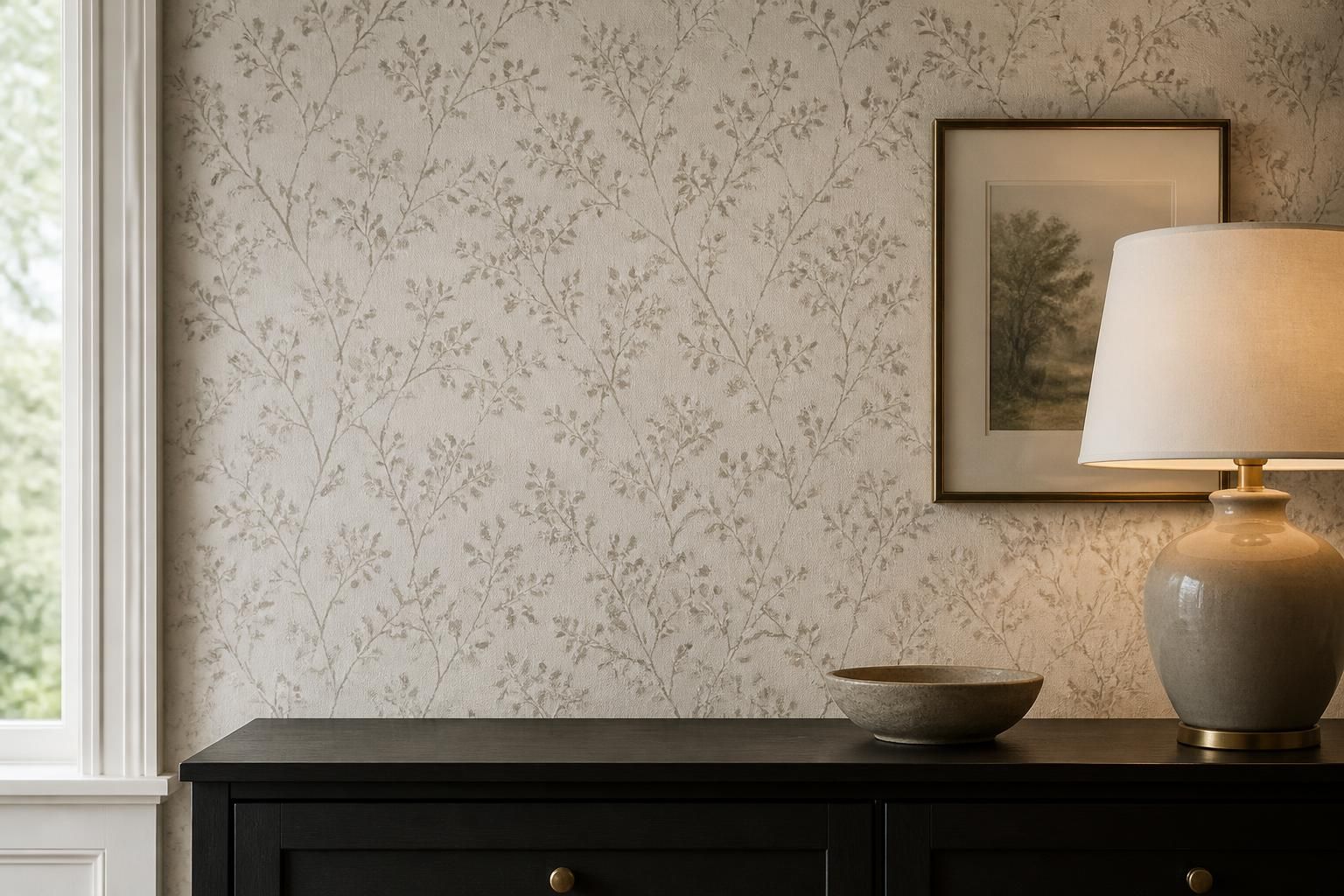 Finished wallpaper installation on a smooth, neatly aligned interior wall.