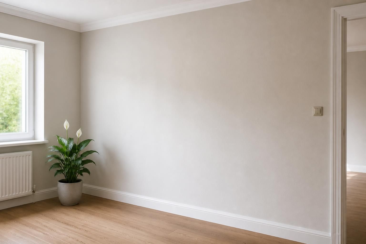 Clean wall surface after wallpaper removal in a tidy room.